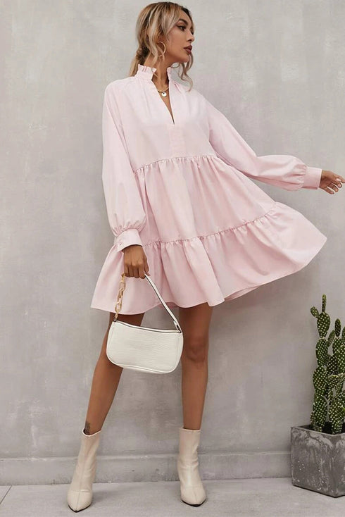 Frilled Stand Collar Long Sleeve Ruffle Dress